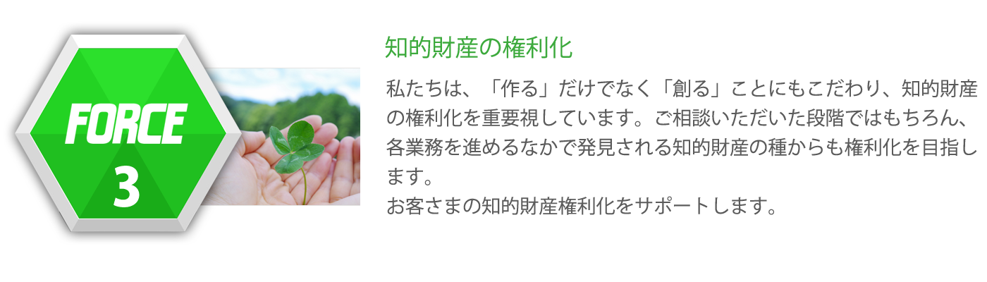 FORCE3--知的財産の権利化。私たちは、「作る」だけでなく「創る」ことにもこだわり、知的財産の権利化を重要視しています。ご相談いただいた段階ではもちろん、各業務を進めるなかで発見される知的財産の種からも権利化を目指します。お客様の知的財産権利化をサポートします。